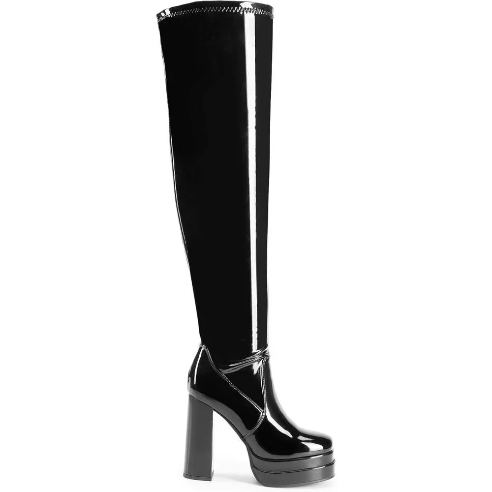 Women's Black-pat Polyurethane (PU) Square Toe Over The Knee Thigh High Boots